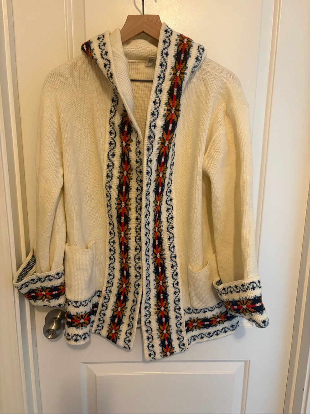 Womens Cream Hooded Knit Coat with Fair Isle Trim- size medium